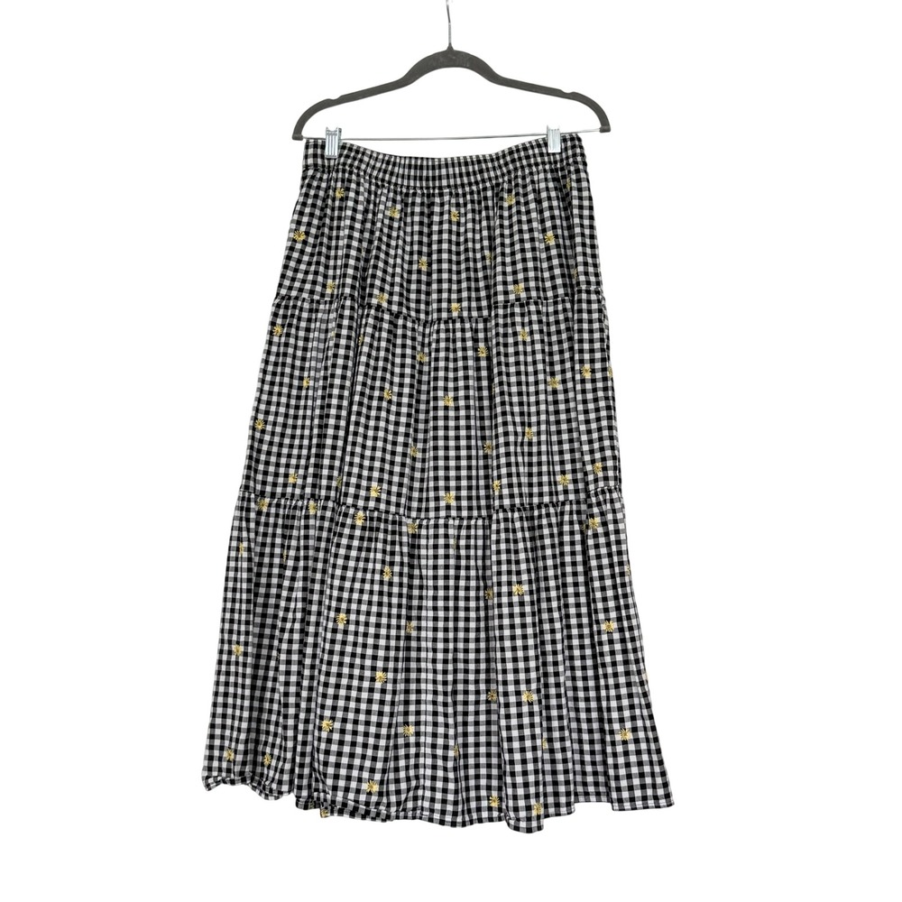 Old Navy Tiered Maxi Skirt Women L Black White Gingham Floral Embroidered Boho